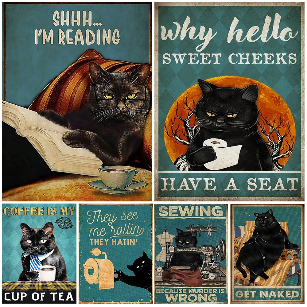 

Black Cat Vintage Get Naked Funny Bathroom Quotes Poster Wall Art Canvas Painting Wall Pictures For Living Room Kawaii Decor