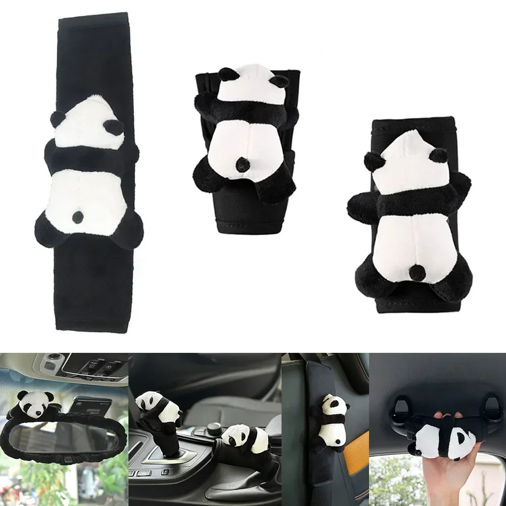 Cute Cartoon Panda Car Gear Shift Cover Soft Plush Auto Shifter Hand Brake Case Seat Belt Rearview Mirror Cover Car Accessories