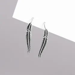 Elegant 925 Sterling Silver Asymmetric Feather and Moonstone Earrings (Black)