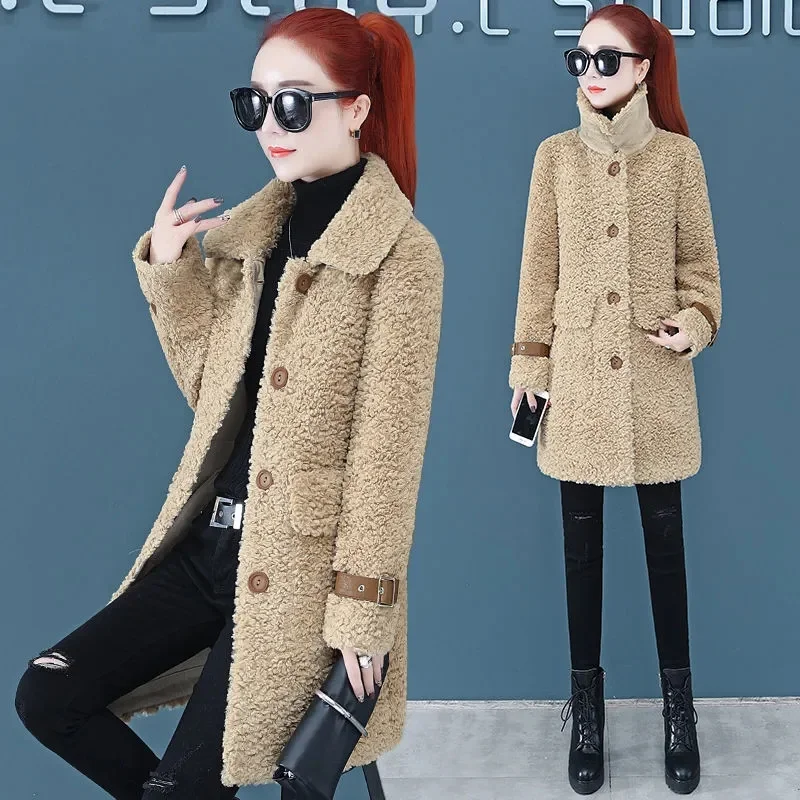 2023 New Women Lamb Wool Coat Spring Autumn Fur Integration Coat Middle aged Woman Mid-length Fur Overcoat Winter Jacket Femme