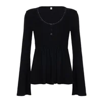 Pull en tricot pour femmes, chemisier Chic français, panneaux en dentelle, col bas, manches cloche, taille cintrée, haut trapèze, nouvelle collection 2025 6