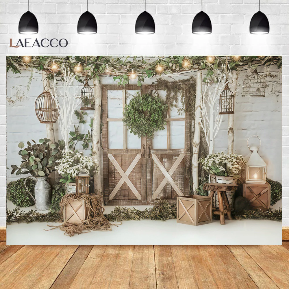 Photo Backdrop Wedding Wooden Wall Backdrops Vintage Garland With Luminous Bulbs Decor Pots With Flowers Candle Party Photographic Backdrops