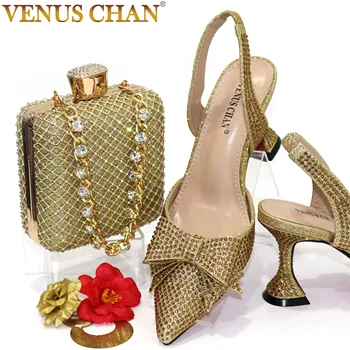 Venus Chan-여성용 신부 하이힐, 2023 뾰족한 발가락 및 활, 골드 컬러 라인석, 우아한 파티 웨딩 신발 및 가방 세트
