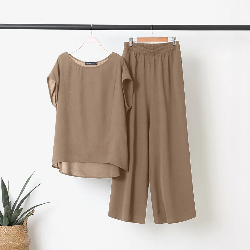 Loose Pants Set For Women Comfortable Loose Short Sleeve O-Neck Blouse + Long Wide Leg Pants 2 Pieces Set Casual Summer Outifits