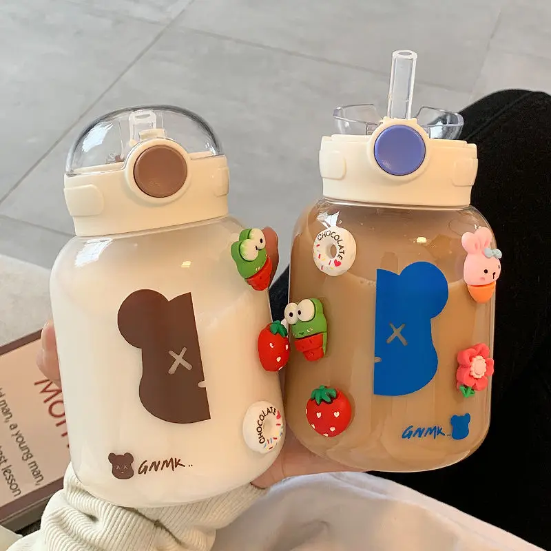 

2022 New Cute Plastic Cup Water Bottle Female with Straw High-value Plastic Cup Summer Simple Portable Student Bear 3D Sticker