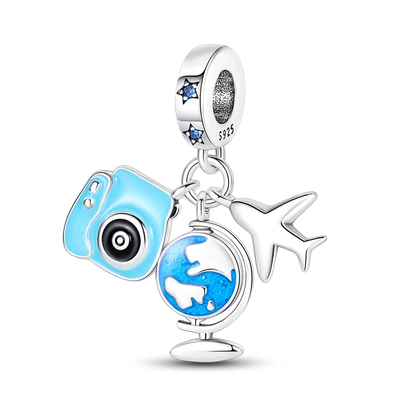 

Noble Blue Camera Aircraft Globe Charm Fit Pandora Bracelet Women Jewelry 925 Sterling Silver Gift Making