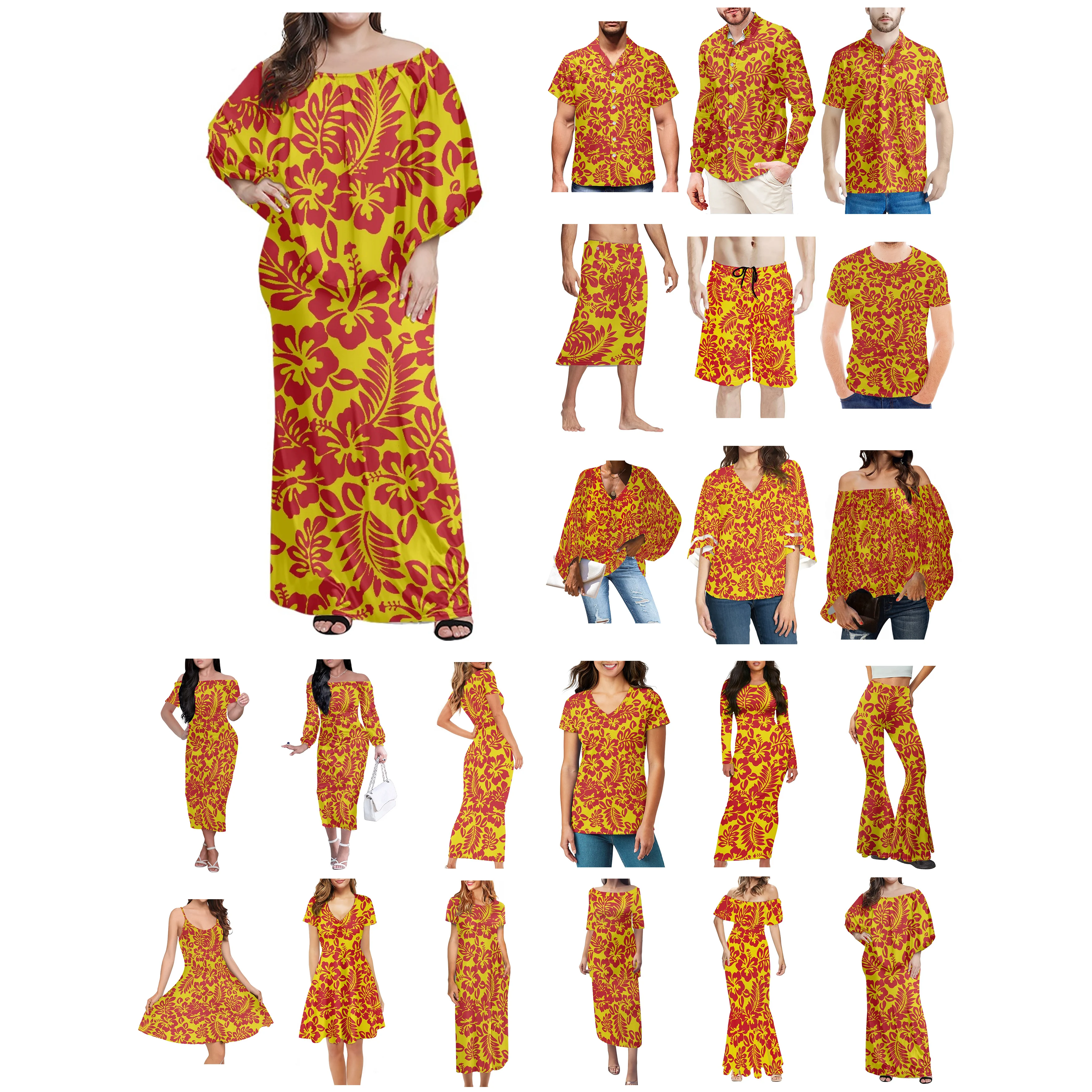 

Polynesian Tonga Hawaii Fiji Guam Samoa Pohnpei Tribal Tattoo Prints Clothes Women Dress Matching Men Shirt Yellow Lovers Clothe