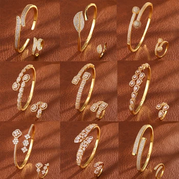 ZAKOL 9 Styles Golden Open Bracelet Ring Jewelry Set Geometric Shiny Zircon 18K Gold Plated Middle East Wedding Party Jewelry 1