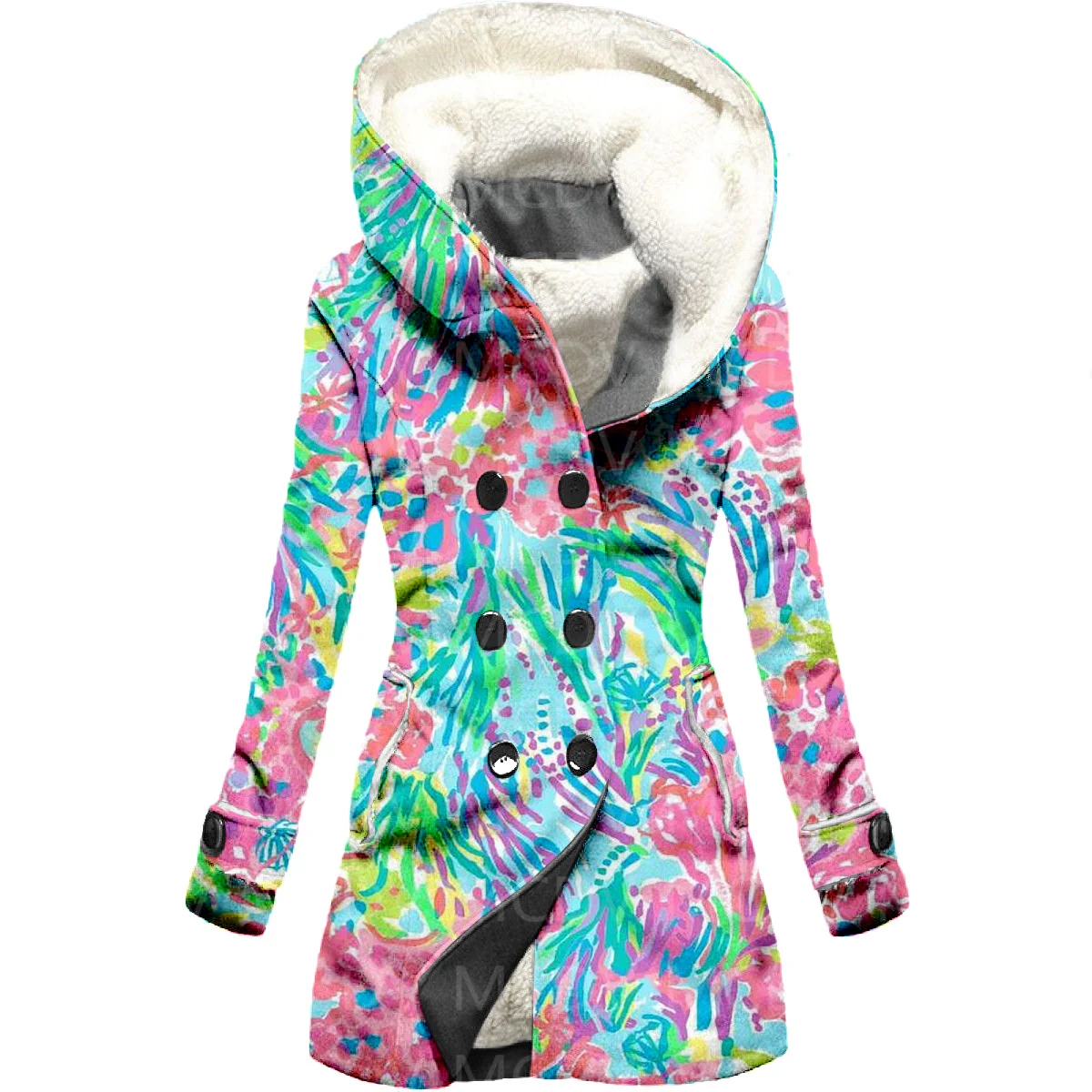 Colorful Graffiti 3D Printing Fleece Hooded Cloak Women Thick Warm Coat Women's Winter Warm Overcoat