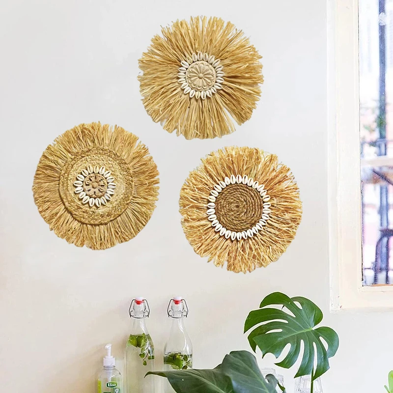 

30x30cm Straw-woven Raffia Hand-woven Round Ornament Wall Hanging Decoration Lafite Grass Boho Room Wall Decoration