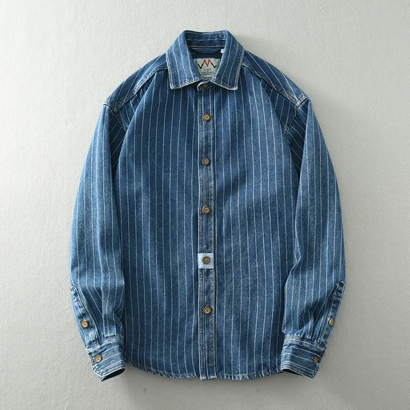 Denim Shirt Long Sleeved Shirt Classic retro striped denim shirt for men long sleeves washed loose blue trend plus size men's shirt tide