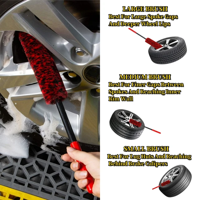 Brosses de détail de roues de voiture, outils de nettoyage automobile en laine pliables pour le lavage des pneus de jante de voiture, nettoie facilement les zones difficiles d'accès 3