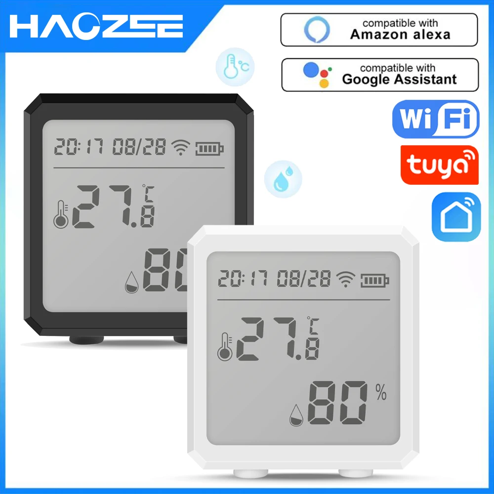 WiFi Thermometer Hygrometer,Tuya Smart Temperature and Humidity Sensor with  App Notification Alert,LCD Display Support Alexa Google Assistant,Remote