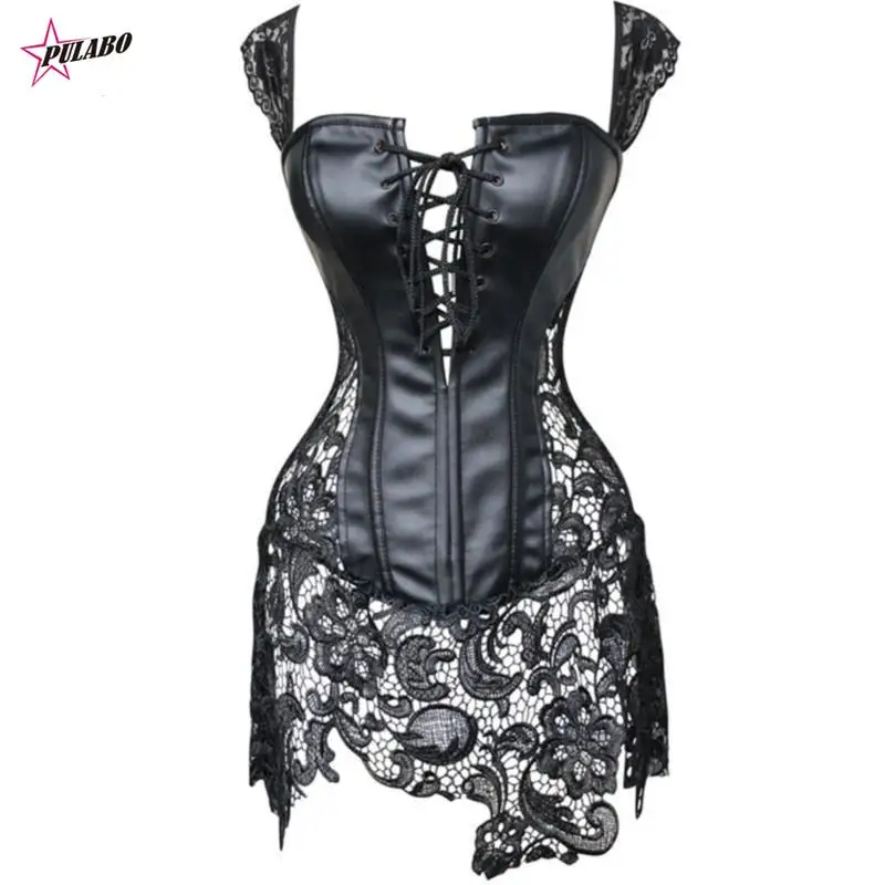 

PULABO y2k Women Steampunk Faux Leather Waist Cincher Lace Up Boned Bustier Top Corset Dress Overbust Brocade Sexy S-6XL