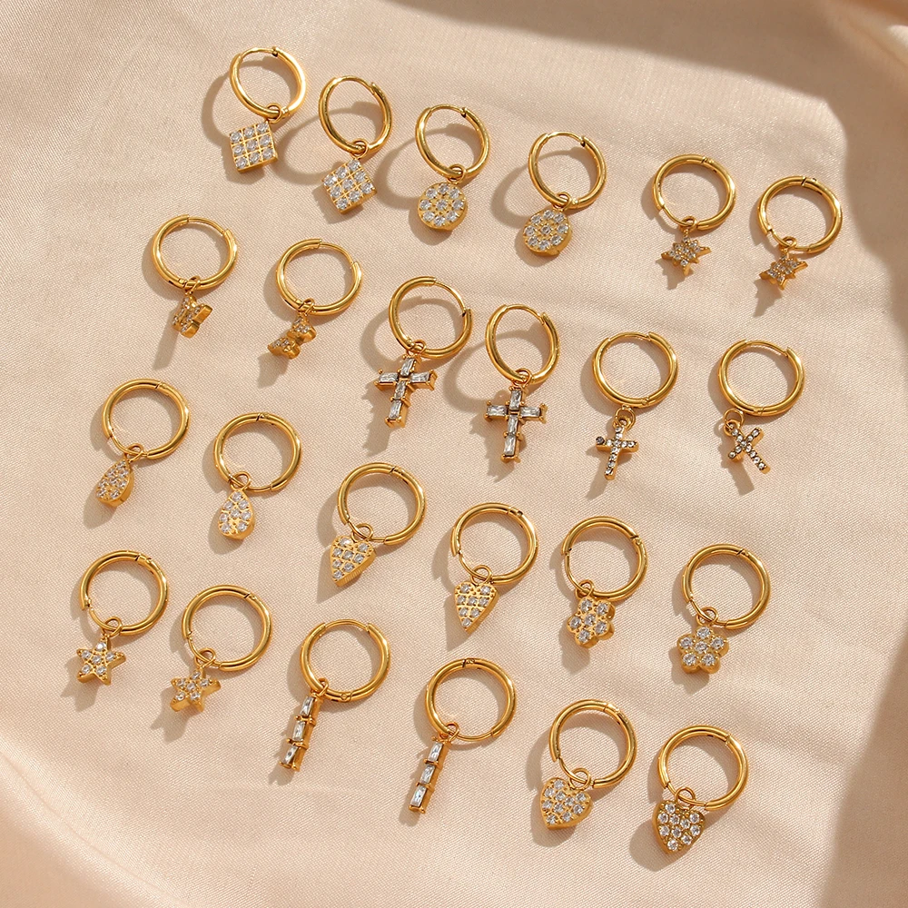 

Delicate Shiny Zircon Cross Star Heart Flower Butterfly Snowflake Drop Earrings 18K Plated Waterproof Hoop Earrings for Women