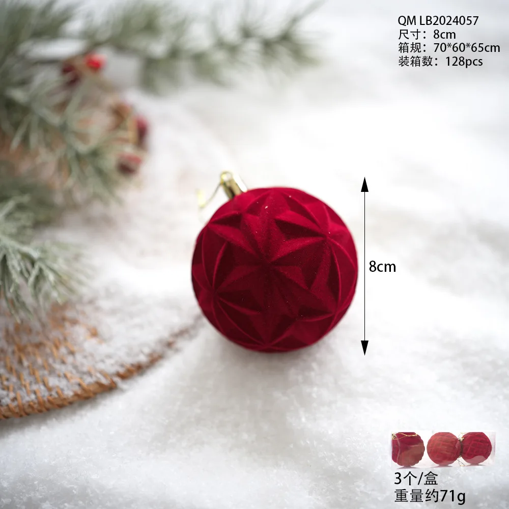 thumbnail image 1 of 6 piezas de 8 cm de bolas de Navidad flocadas, adornos de árbol de Navidad rojo y verde, decoración de fiesta, esferas navideñas colgantes, novedad de 2024, 1 of 5