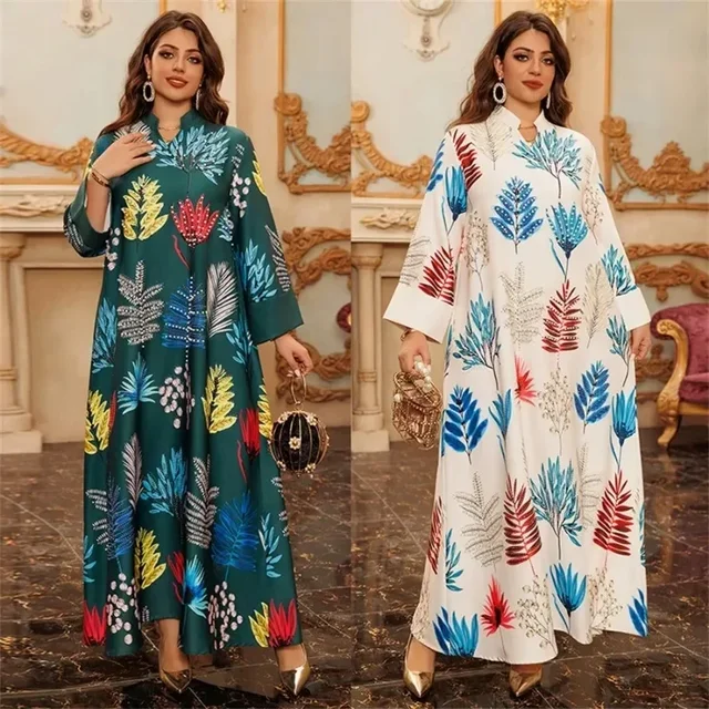 Ramadan Dubai Beaded Floral Print Maxi Dresses Moroccan Women Clothes Elegant Casual Abaya 1