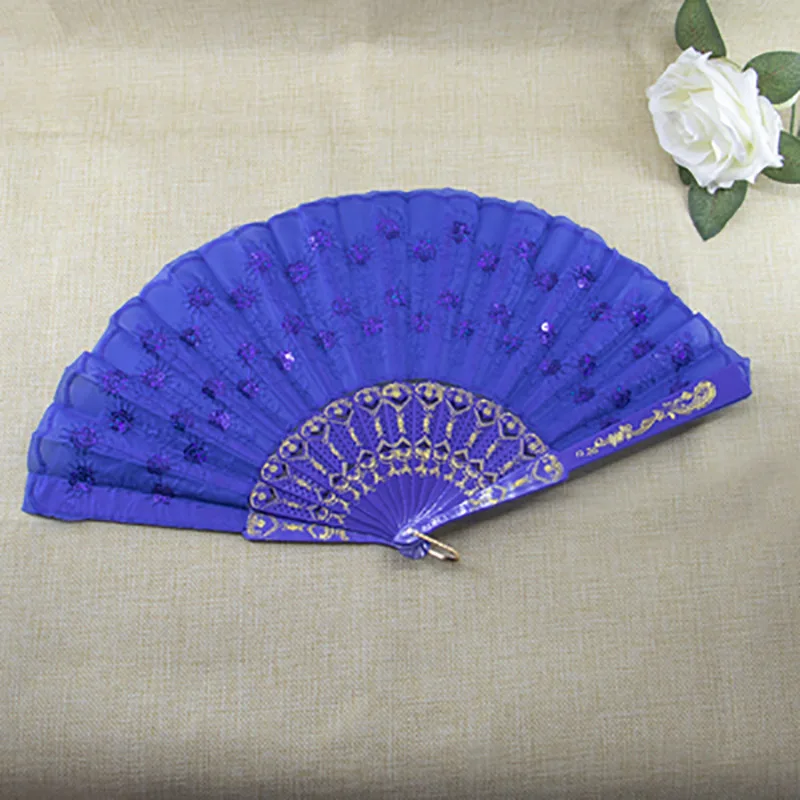 Chinese Style Folding Plastic Bone Hand Fan with Sequins, Portable Dance Fan, Photo Props, Wedding Party Decor, Women