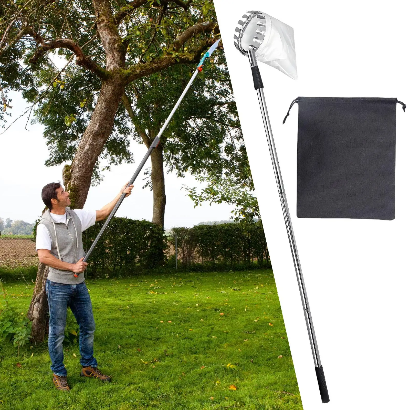Telescopic Fruit Picker Adjustable Fruit Tree Picker Stainless Steel Rust-Proof Gadget Reacher Tool with Extendable Design