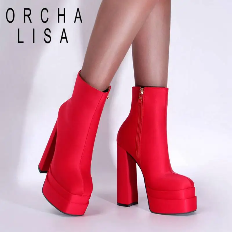 

ORCHA LISA Womans Mid Calf Boots Square Toe Double Platform 5cm Chunky High Heels 15cm Zipper Sexy Booties Satin Big Size 42 43