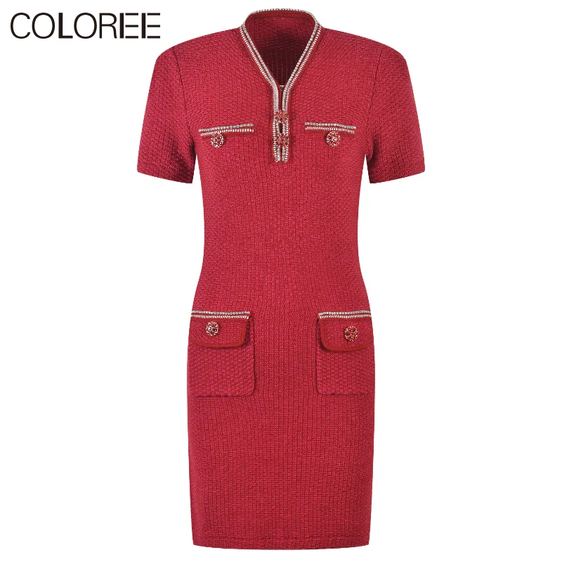 

Runway Designer Dress Women 2023 Summer Elegant Luxury Crystal Buttons Knitted Sweater Dress Red Vestidos De Fiesta