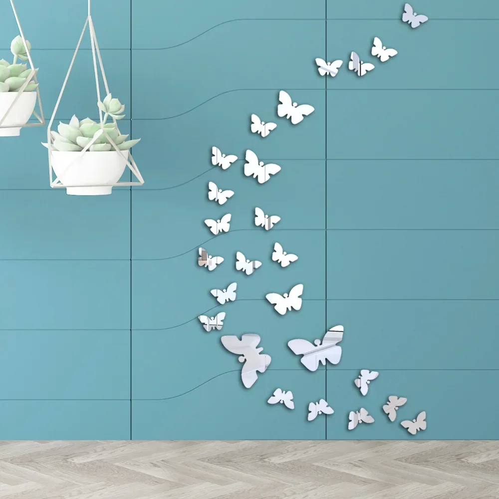 36PCS/Set Mirror Butterfly Pattern Wall Stickers DIY Background Living Room Bedroom Stickers Garden Style 3D Cafe Window Flowers
