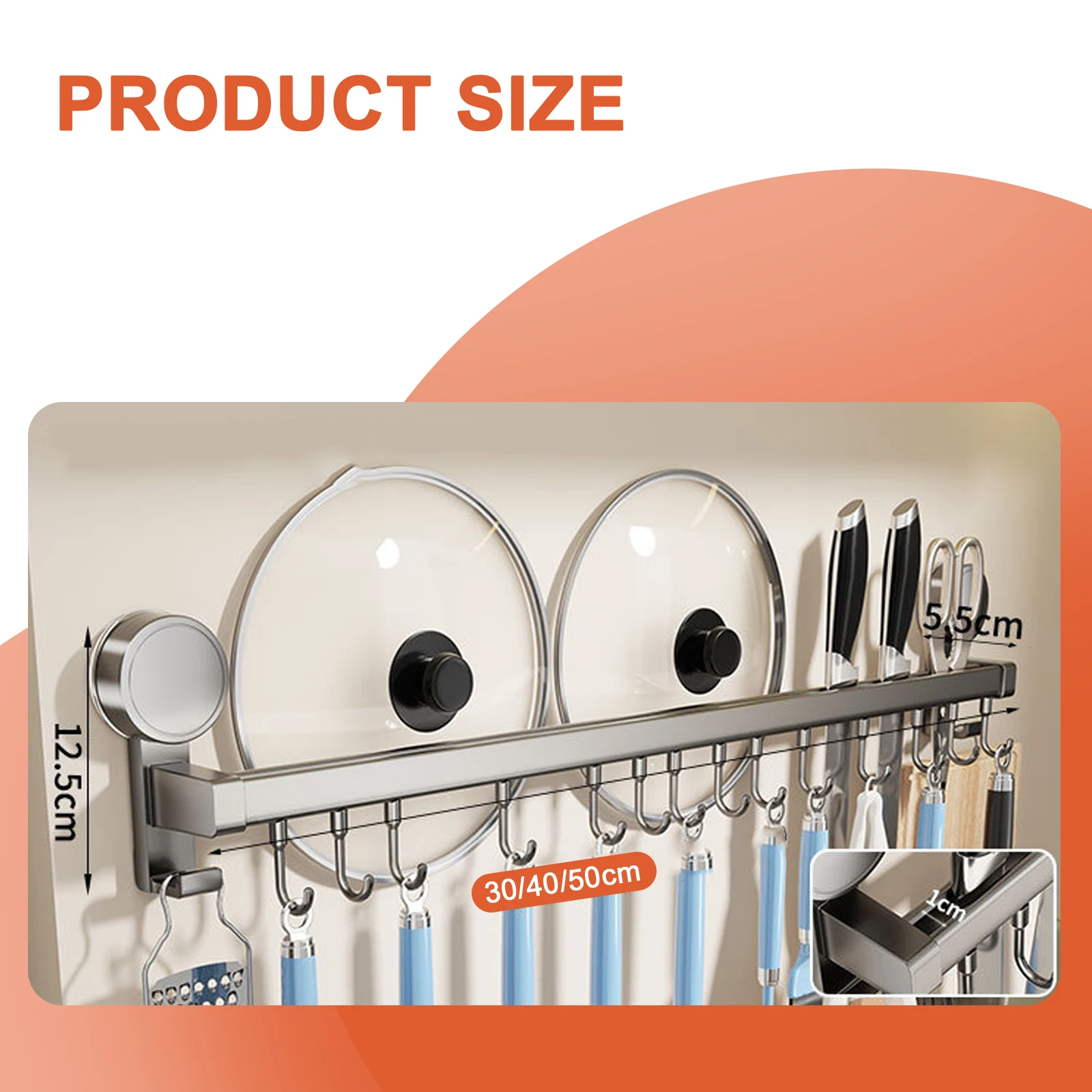 An der Wand montierte Küchenhakenleiste, lochfreie Wandaufhängerschiene, Küchenutensilienhalter, Löffel, Schaufel, Schneidebrett-Aufbewahrungsregal_voghion.com