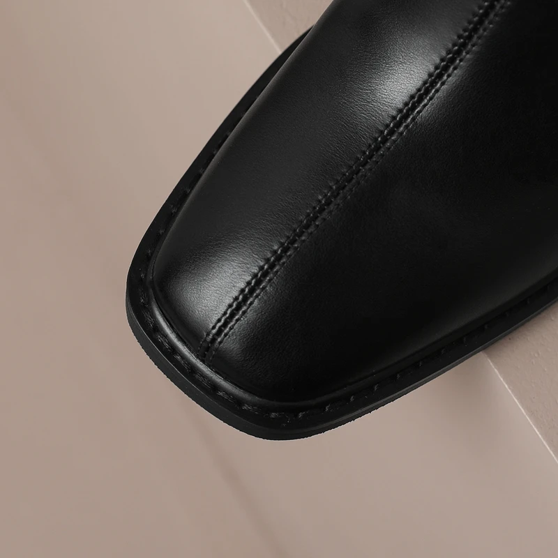 Women's New Autumn/Winter Square Head Metal Accessories Genuine Cowhide High Heel Zipper Size Retro Chelsea Calf Short Boots