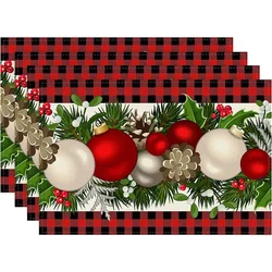 Set of 4 Festive Elk Christmas Placemats - Linen Table Mats for Holiday Dining & Home Decor (SET-G)