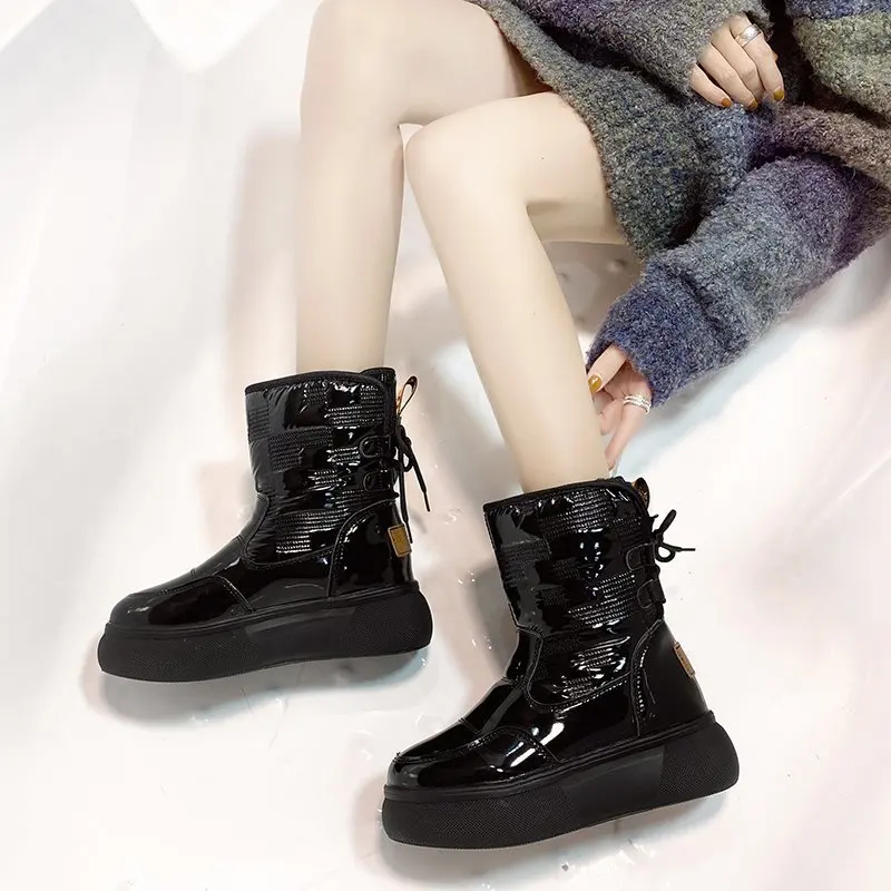 Black Winter Women Boots Female Keep Warm Women's Patent Leather Boots New Arrival Waterproof Female Shoes Women Botas Mujer