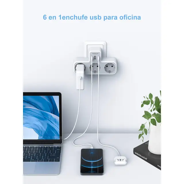 TESSAN Ladron Enchufes Plano, 5 en 1, con 3 Enchufes y 2 Puertos USB,  Compatible con Phone, Pad, Multiplicador Enchufe Modernos para Hogar, Moda  de Mujer