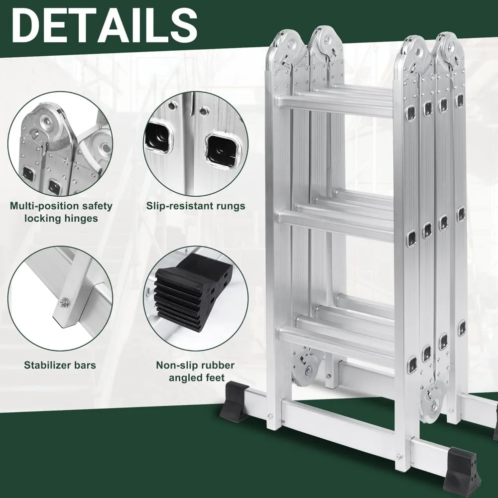 Aluminum 7-in-1 Folding Step Ladder, 330lb Capacity, 12.5ft Multi-Purpose Lightweight Extension Scaffold Ladder for Home and Wor
