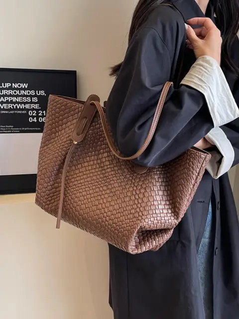 Retro Fashion Classic Solid Color Pu Woven Rhombic Lattice Design Double Handle Single Shoulder Large Capacity Tote Bag 3
