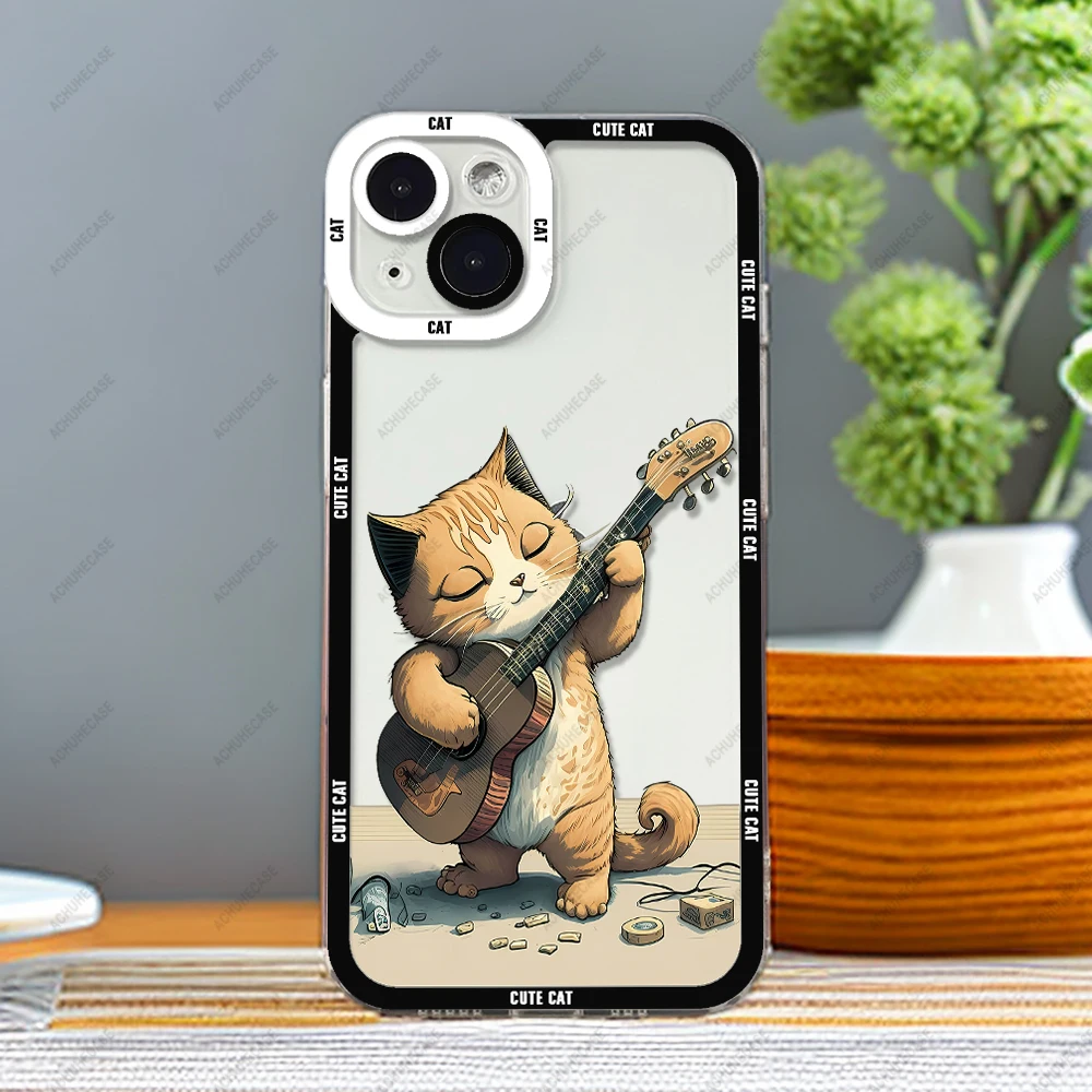 thumbnail image 1 of Guitar Cat Phone Case For iPhone 16 Plus 15 14 13 12 Pro Max Mini 11 XS X XR Soft Silicone Cover, 1 of 5