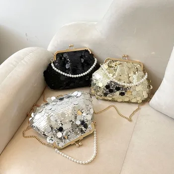 Borsa da Sera Luccicante con Chiusura a Lucchetto, Borsa a Tracolla con Paillettes Stile Coreano, Borsa a Catena Singola per Donna