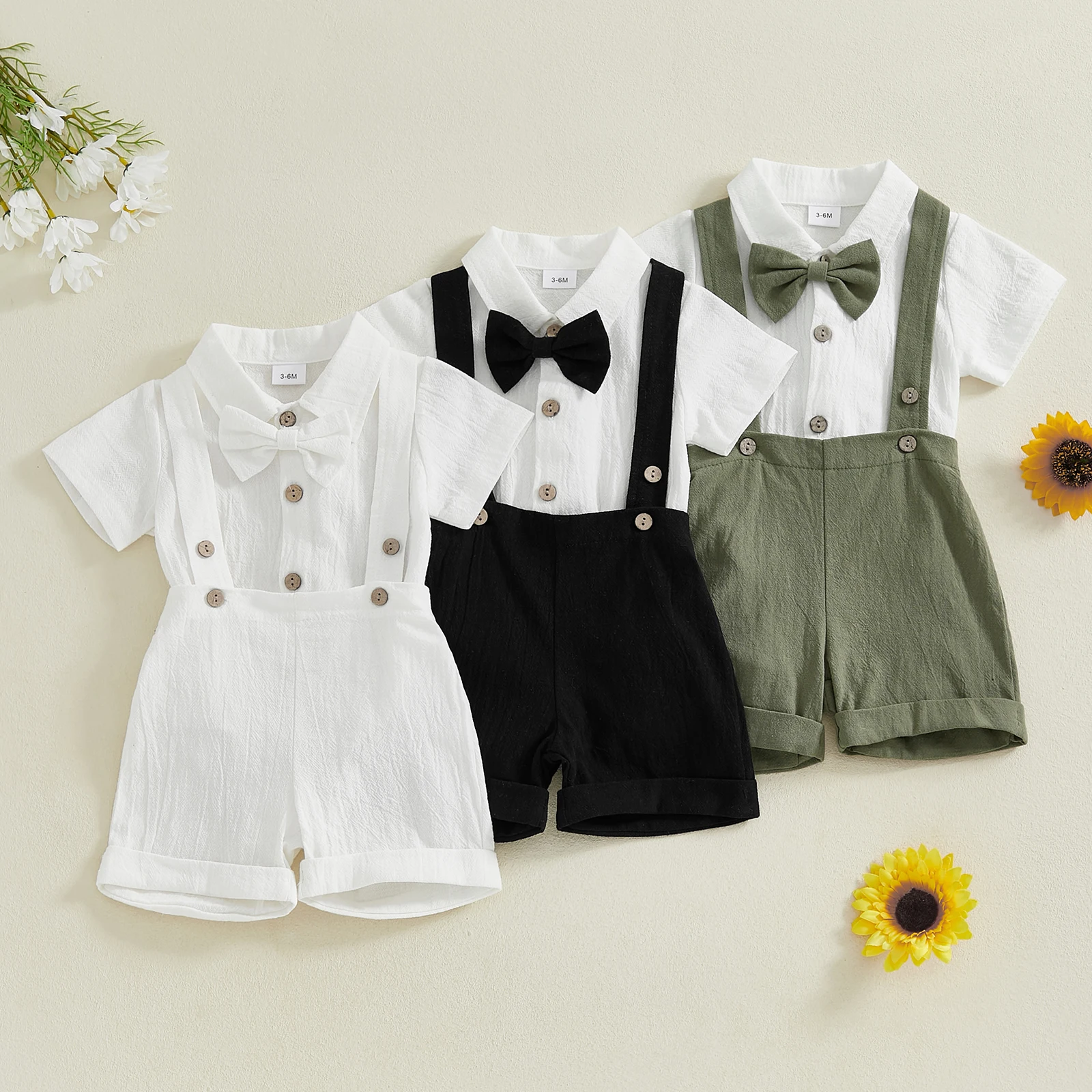 BeQeuewll 2PCS Summer Baby Gentleman Clothes for Boys Short Sleeve Lapel Neck Romper with Suspender Shorts Bowtie Newborn Suits 2
