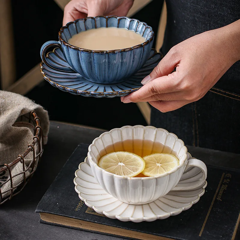 

Japanese Vintage Ceramic Coffee Mug Creative Shaped Coffee Cup Home Couple Mugs Saucer Set Simple Retro Afternoon Office Tea Cup