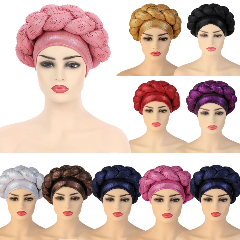 

2024 Lastest African Bonnet Turban Hijab Chemo Cap Wedding Aso Oke Headtie Muslim Already Made Auto Gele Nigerian Hat Head Wraps