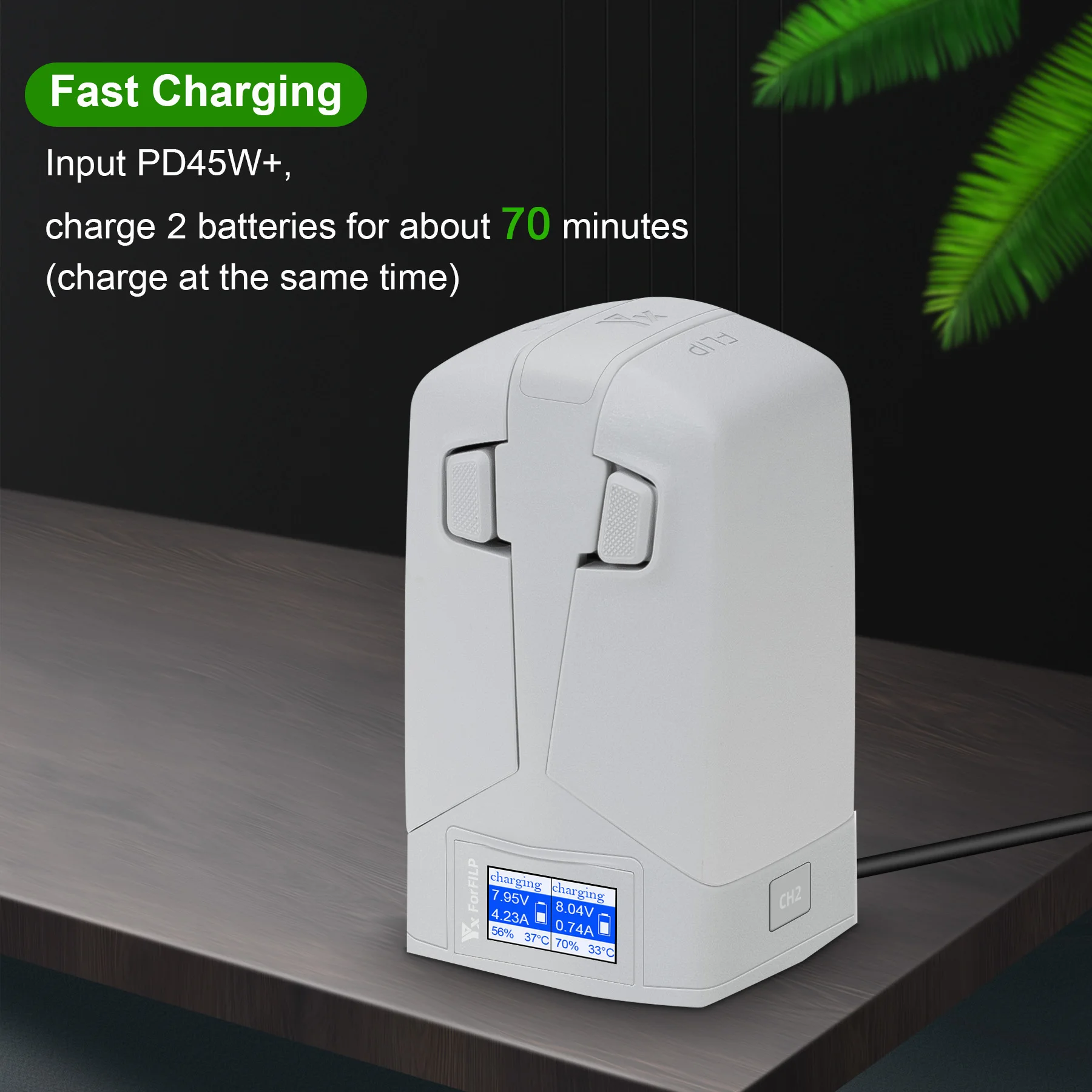 Chargeur double batterie DJI Flip PD45W rapide en action, batteries DJI Flip en charge.