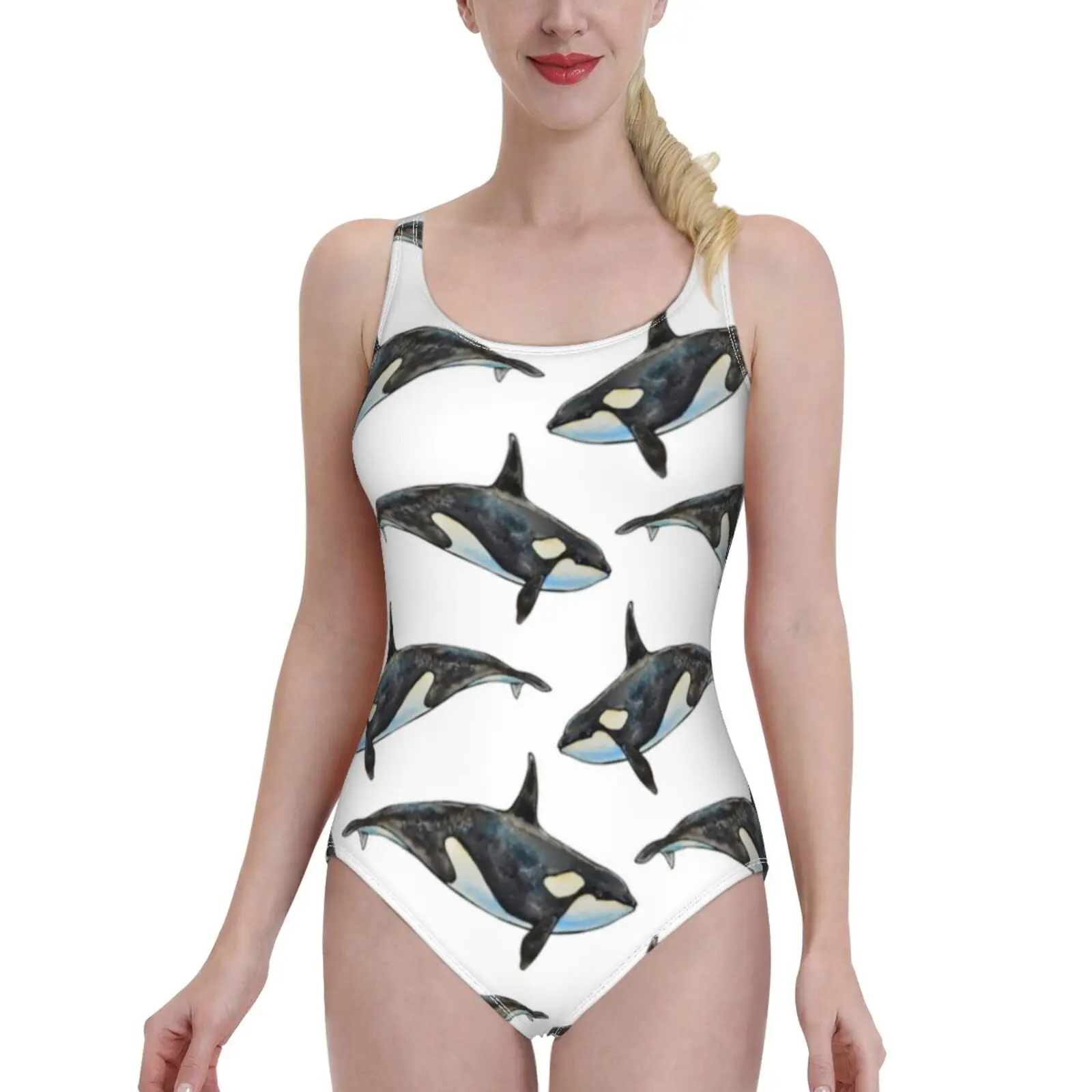 

Orca Bodysuit One Piece Swimwear Women New Female Beach Swimsuit Bathing Suit Beachwear Hand Watercolor Pattern Killer Whales