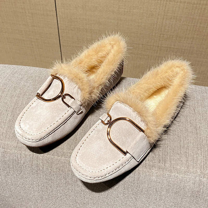 Luxury Brand Shoes, Fur Mocasines Shoes, Woman Winter Cotton Shoes, Ladies Warm Shoes, Flats Shoes, Furry Leather Shoes