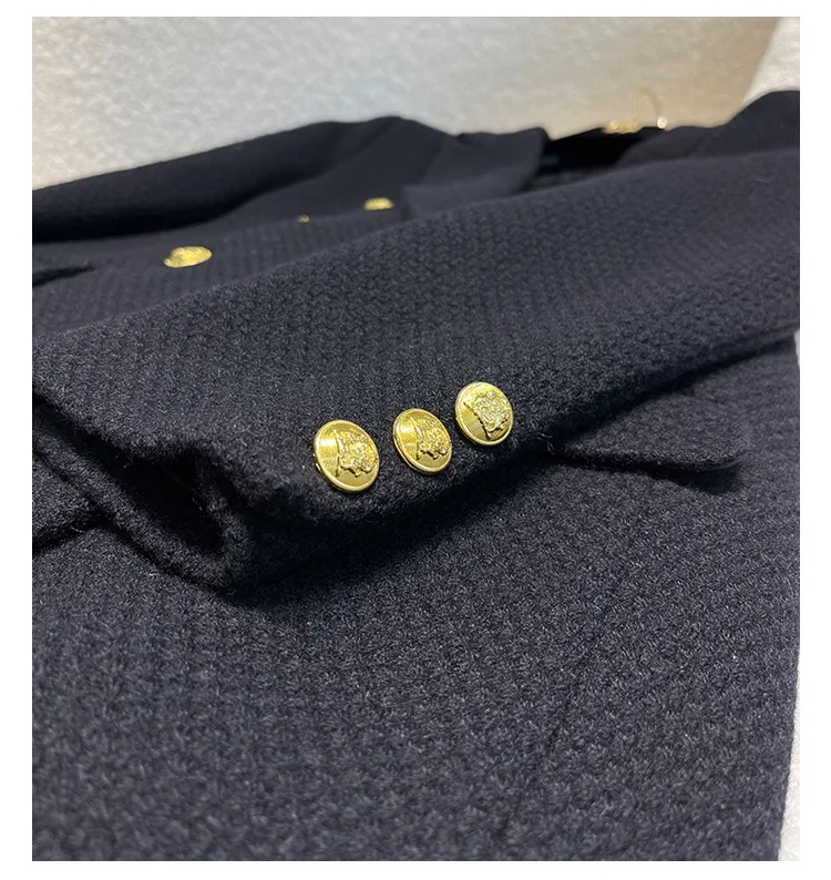 93.5% Wool Coat Women Fashion Double Breasted Tweed Loose Long Black Blazer Coat Jacket Flap Pocket Female Outerwear Chic