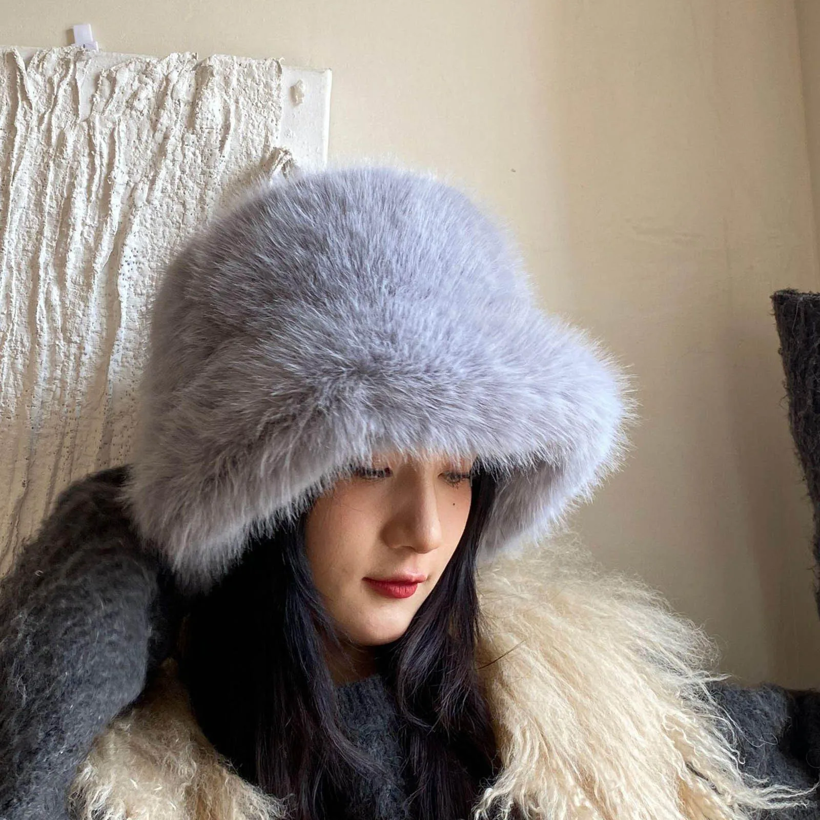 

New Faux Fur Mink Fur Hat Women Winter Plush Fisherman Cap Warm Big Head Protection Bucket Hats Casual Solid Color Caps New