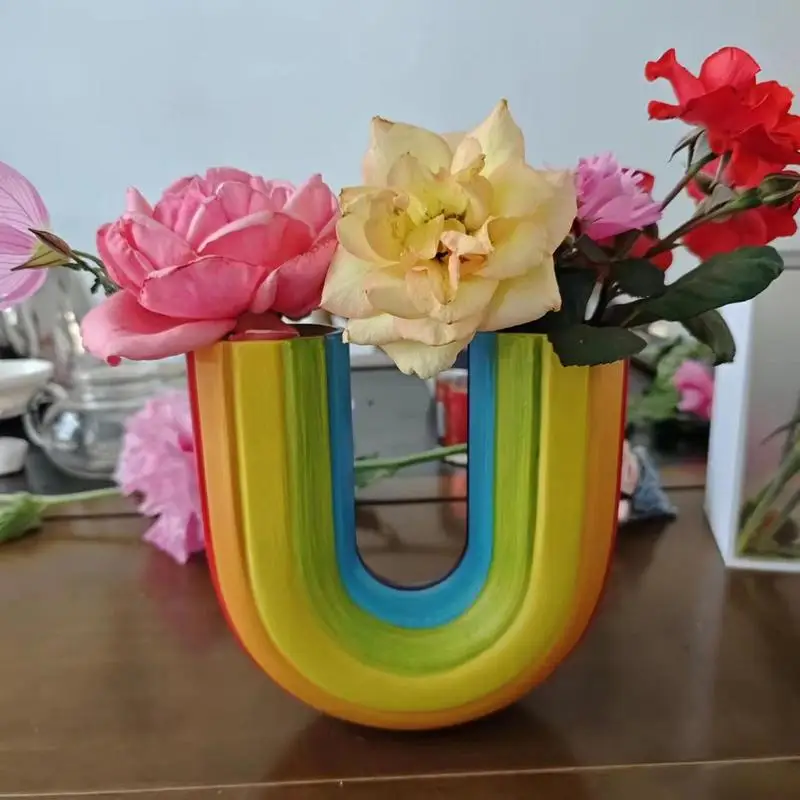 Modern Simple U Shape Vase Creative Rainbow Dried Flower Vase Modern Aesthetic Ornaments Resin Flowerpot For Office Home Decor 4