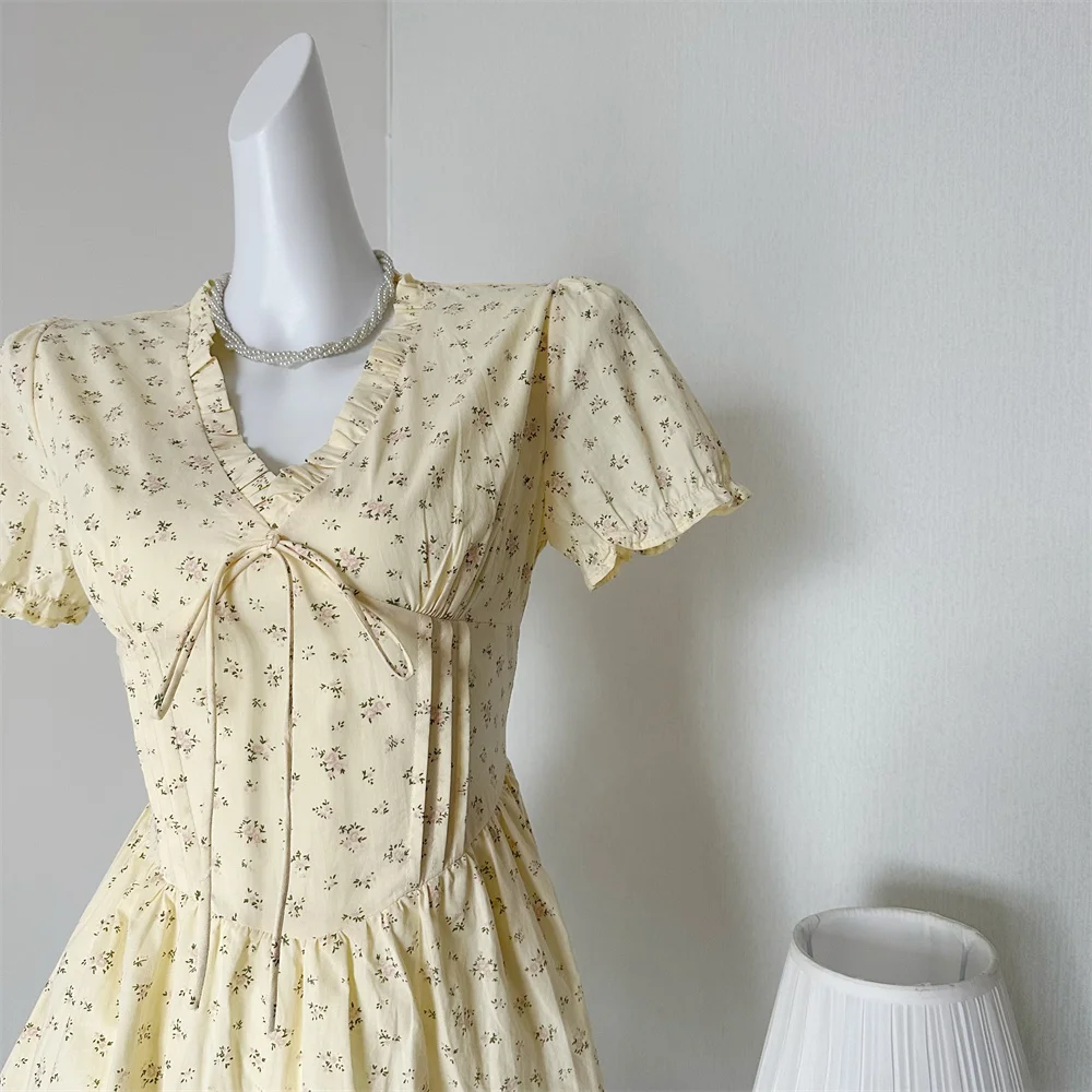 French Floral Printed Short Dresses for Women Y2K V-neck High Waist Birthday Party Dress Korean Chic Prom A-line Summer Vestidos