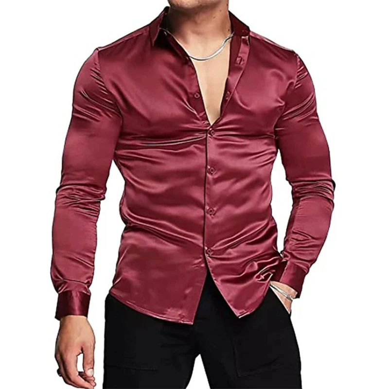 

Spring 2024 Solid Long Sleeve Satin Shirts Men Clothing Male Button Lapel Tees Top Trend Turn Down Collar Polo Shirt Streetwear