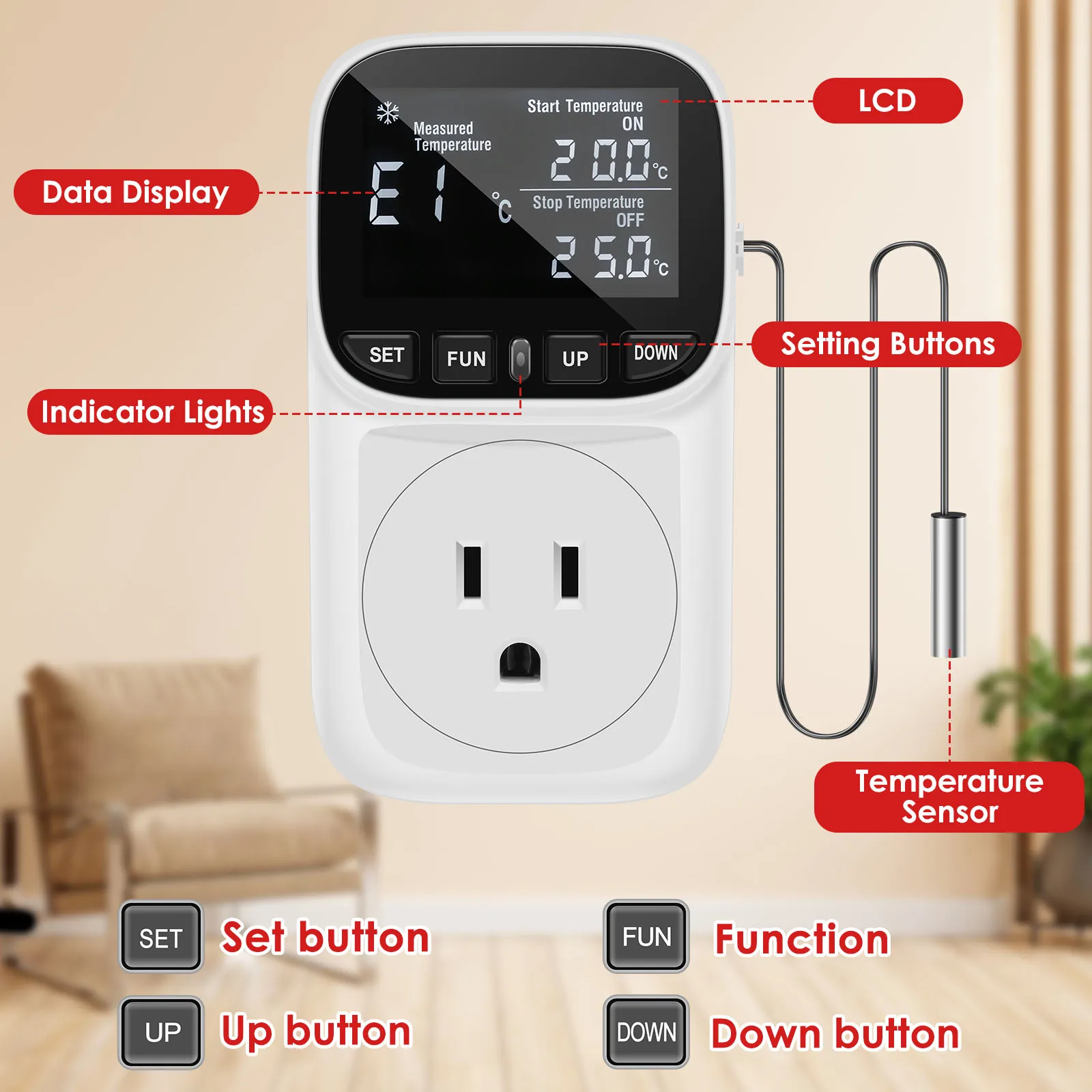 Digital Temperature Controller Socket Thermostat US Plug with Timer Switch Heating Cooling Control for Aquaculture Warming Boxes