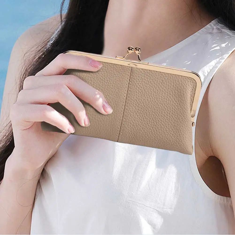 Genuine Leather Women Clutch Purse Fashion Vintage Kiss Lock Wallet Double Clip Travel Wallet Key Card Storage Bag