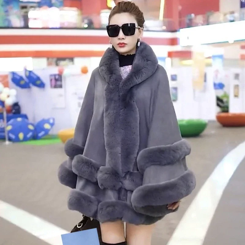 

Double Layer Luxury Imitated Rex Rabbit Fur Cape Coat Hooded Shawl Winter Women Knit Poncho Overcoat Faux Wraps Big E7