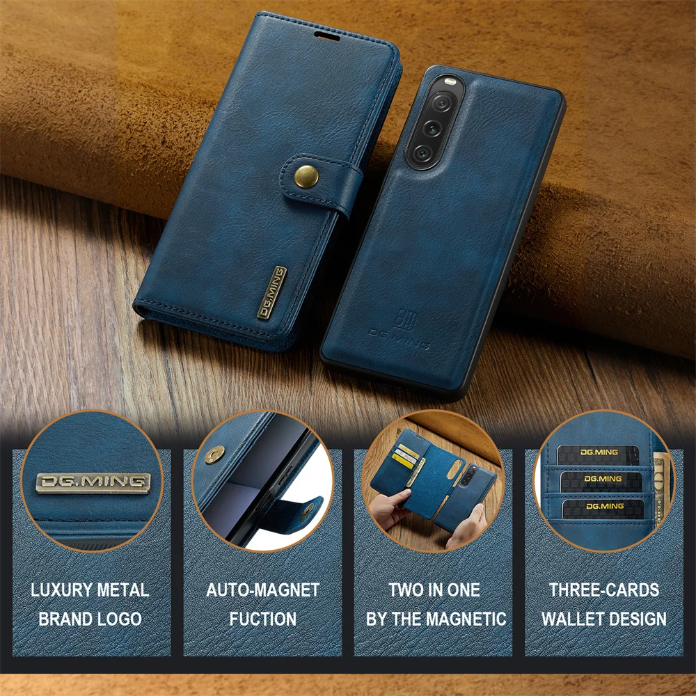 DG.MING Luxury 2 in 1 Detachable Wallet Case for SONY Xperia 5 V 10V 1V Magnetic Closure Folio Flip Leather Case Phone Book